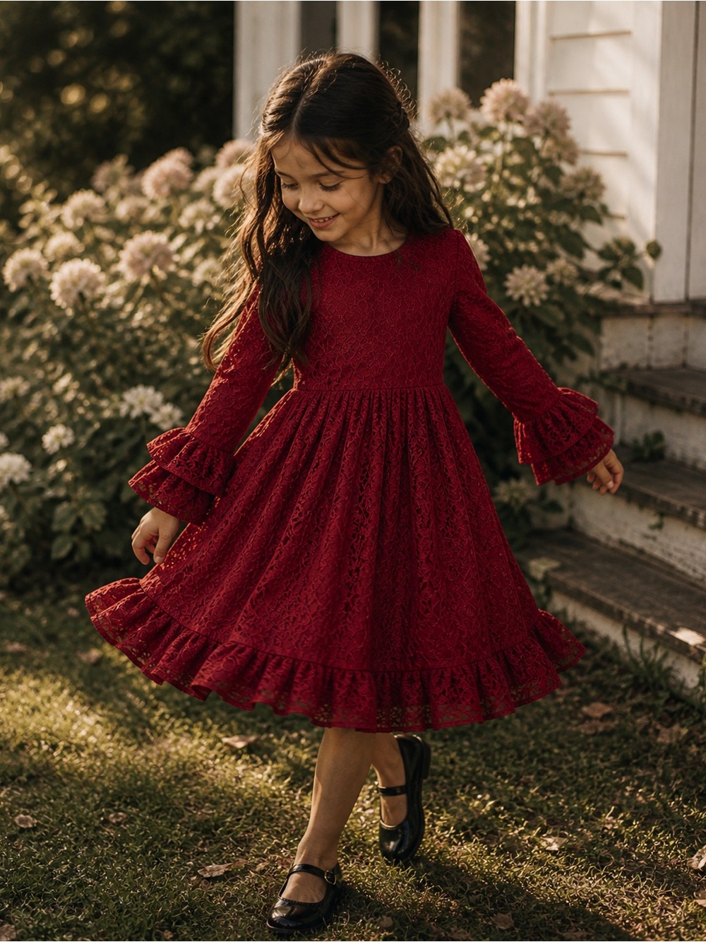 Mustard Pie Girls Dress Sz 7 Burgundy Red Floral Lace Bell Sleeve Holiday Boho